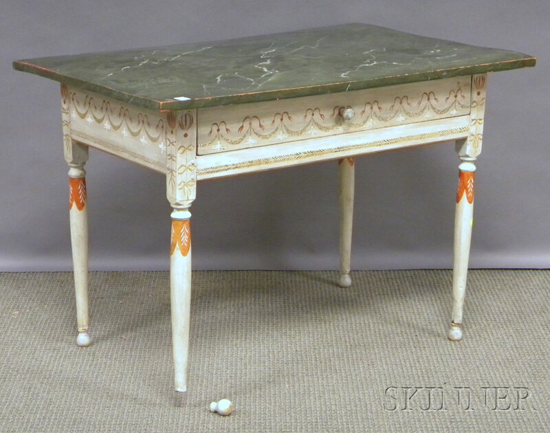 Appraisal: Faux Marble and Polychrome Paint-decorated Wood Table with Long Drawer