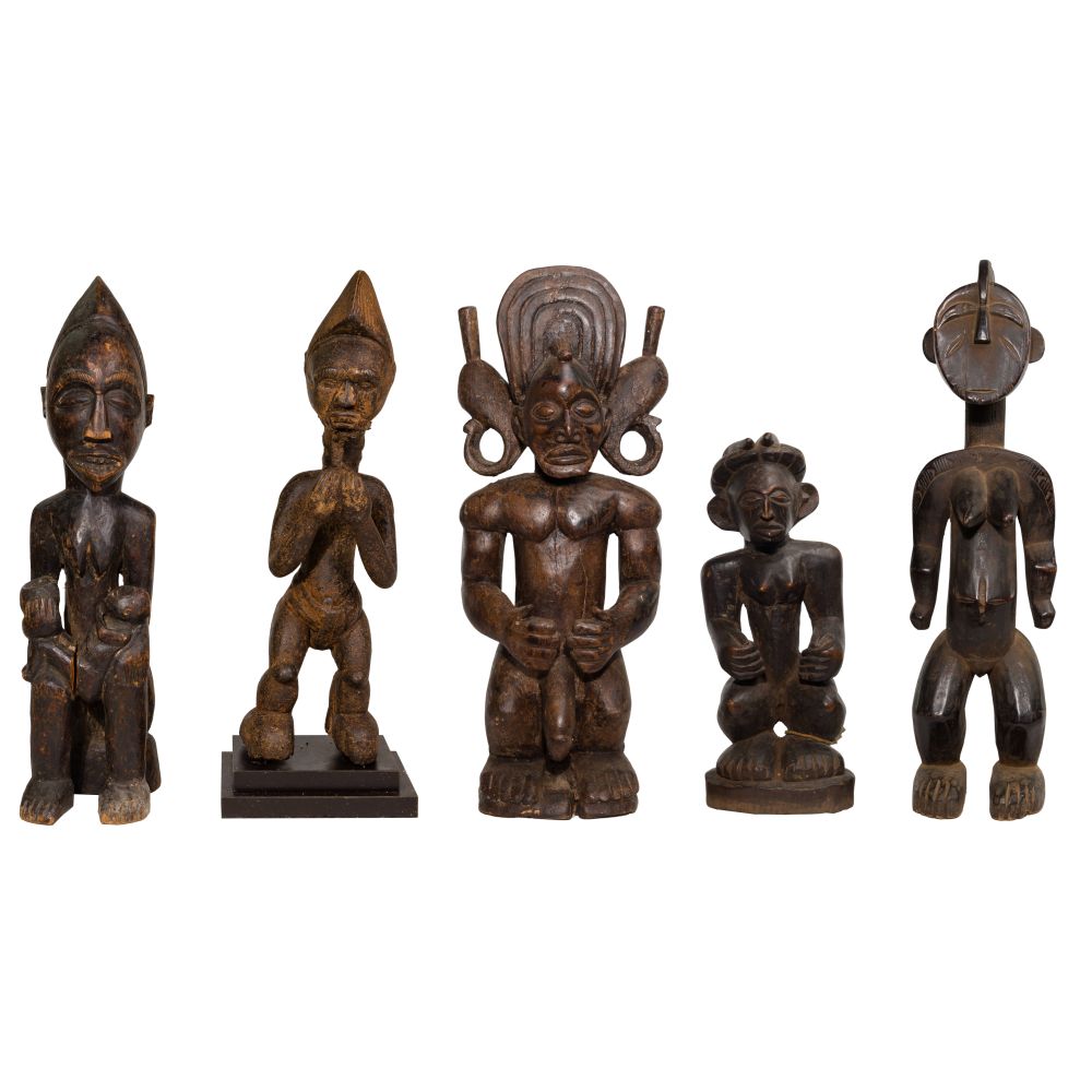 Appraisal: AFRICAN CARVED WOOD FIGURE ASSORTMENT items including Democratic Republic of