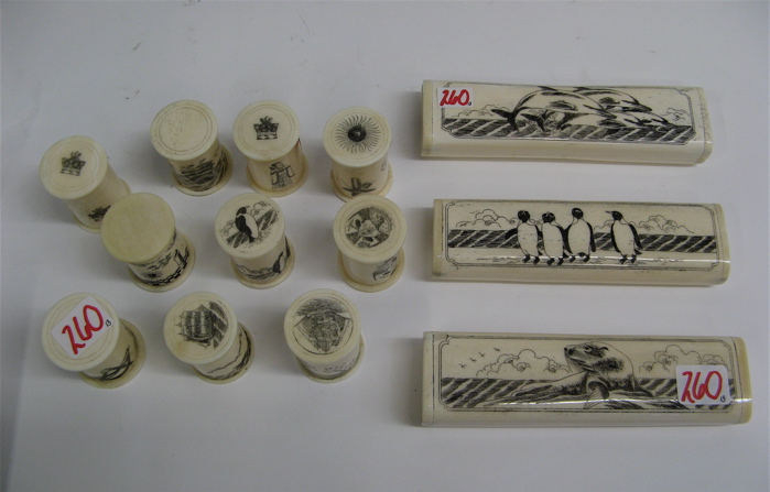 Appraisal: THIRTEEN SCRIMSHAW ON BONE ARTICLES various decorations engraved with black