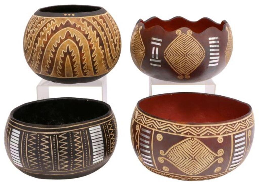 Appraisal: lot of African calabash gourd bowls incised geometric patterns three