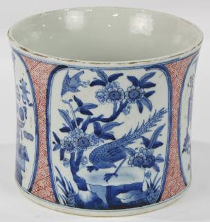 Appraisal: Chinese Underglaze Blue and Red Brush Pot Chinese underglaze blue