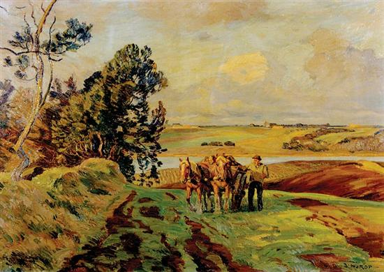 Appraisal: Borge Christoffer Nyrop Danish - HORSE-DRAWN CART IN FIELD oil