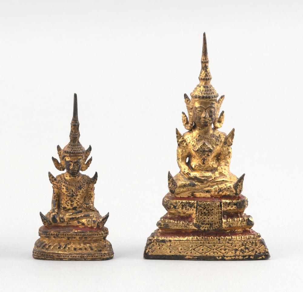 Appraisal: TWO THAI GILT-BRONZE RATTANAKOSIN BUDDHA FIGURES TH CENTURY HEIGHTS AND