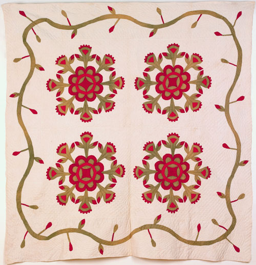 Appraisal: Applique quilt th c with four floral sprays within a