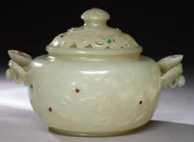 Appraisal: WHITE JADE COVERED CENSER Very thinly carved Chinese translucent white