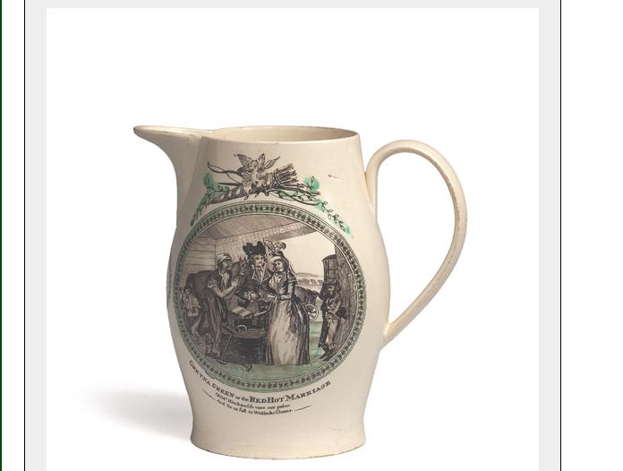 Appraisal: BRITISH CREAMWARE ENAMELLED AND BLACK TRANSFER-PRINTED JUG CIRCA Height inches