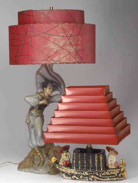 Appraisal: MODERN CHINOISERIE Two Asian-inspired table lamps one painted plaster the