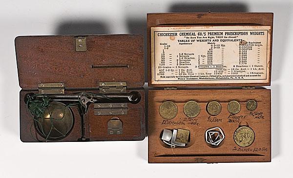 Appraisal: HAND-HELD SCALE AND PRESCRIPTION WEIGHTS IN CASES includes one unmarked