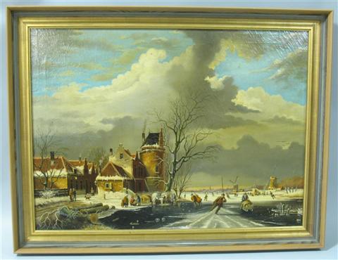 Appraisal: VEERMAN ICE SKATING DUTCH TOWN Oil on canvas x in