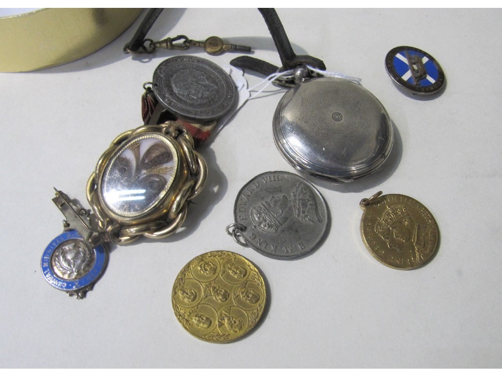 Appraisal: Lot comprising silver pocket watch mourning brooch medals etc