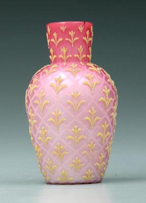 Appraisal: Mother-of-pearl coralene vase pink diamond mother-of-pearl with gold fleur-de-lis coralene