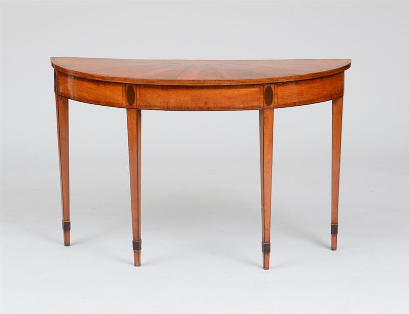 Appraisal: FINE GEORGE III SATINWOOD DEMILUNE CONSOLE TABLE The veneered top