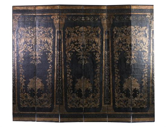 Appraisal: CHINESE EXPORT BLACK LACQUER AND GILT DECORATED SIX-PANEL FOLDING SCREEN