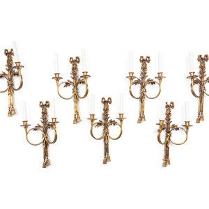 Appraisal: A Set of Seven Louis XVI Style Brass Two-Light Sconces