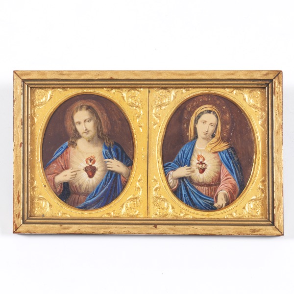 Appraisal: DOUBLE FRAMED MINIATURE PAINTING OF JESUS CHRIST AND MARY MOTHER