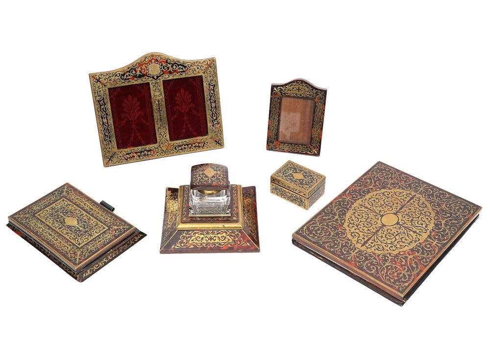 Appraisal: Asprey London Boulle Marquetry Desk Set Andre-Charles Boulle antique brass