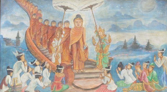 Appraisal: Burmese temple painting on wood panel depicting the Buddha and