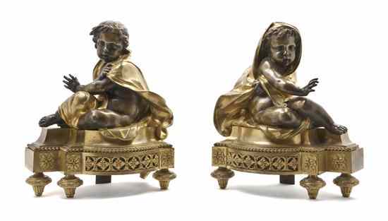 Appraisal: A Pair of French Bronze Figural Chenets each depicting a