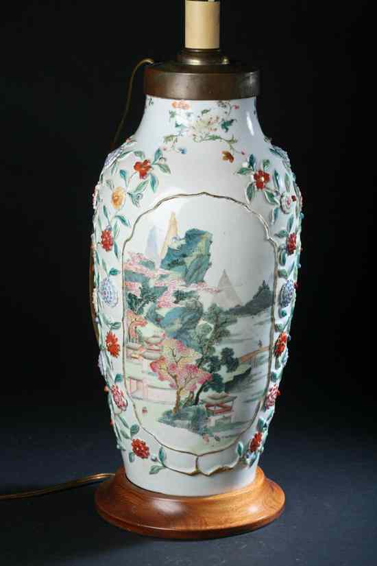 Appraisal: CHINESE FAMILLE ROSE VASE th century Painted with two lotus