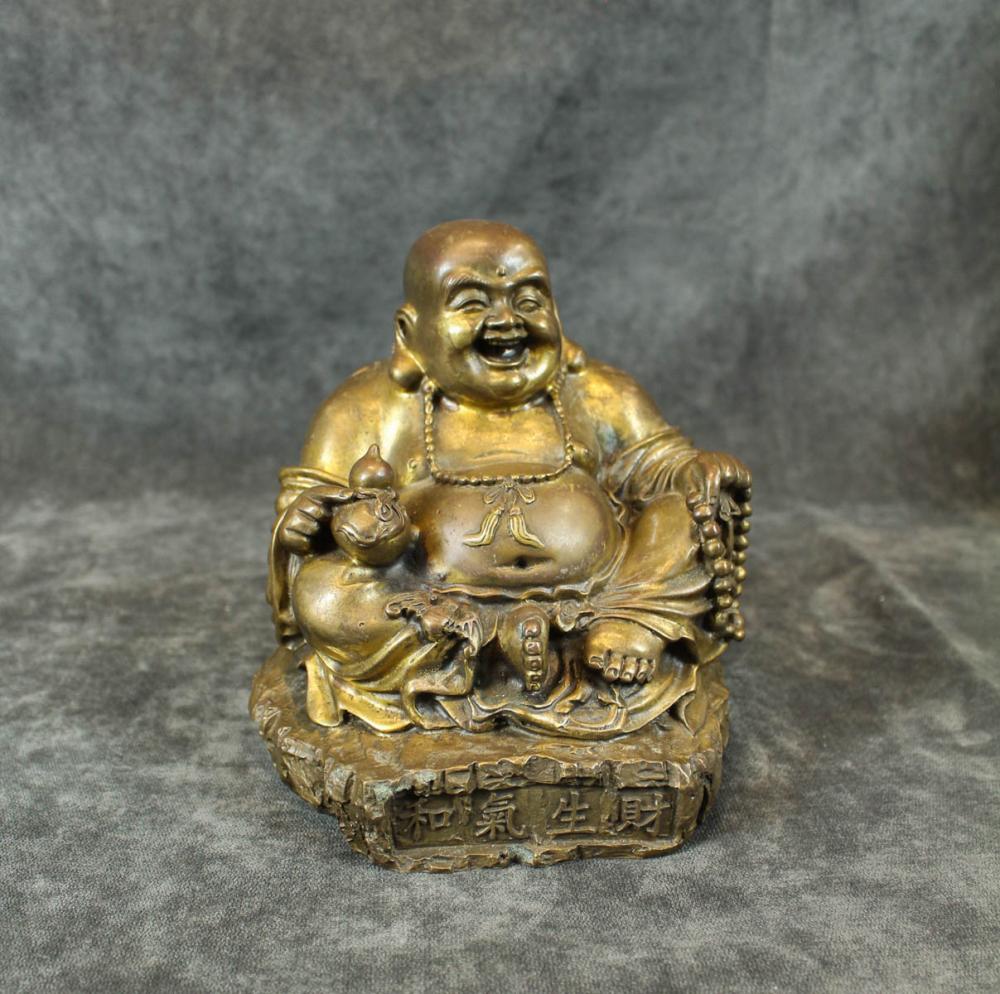 Appraisal: CHINESE BRONZE BUDDHA SCULPTURE seated Buddha holding beaded necklace and