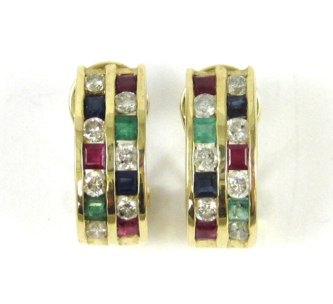 Appraisal: PAIR OF EMERALD RUBY AND SAPPHIRE EARRINGS each k yellow