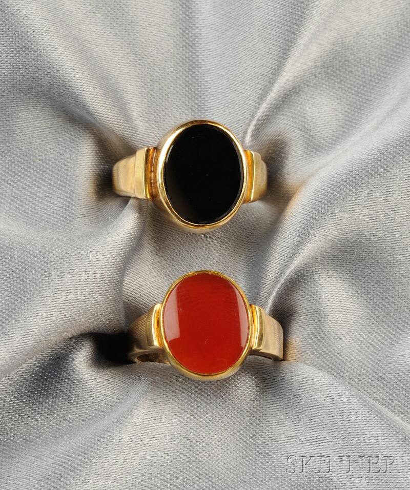 Appraisal: Two Gold and Hardstone Rings Janiye an kt gold ring