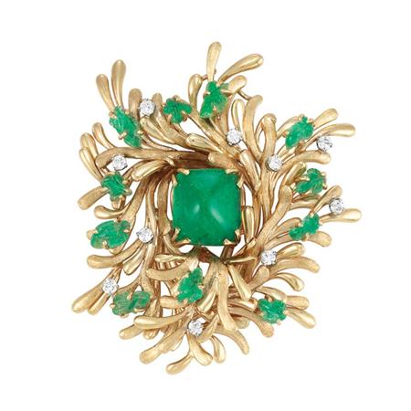 Appraisal: Gold Cabochon and Carved Emerald and Diamond Clip-Brooch Trabert Hoeffer