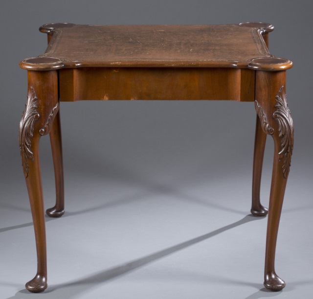 Appraisal: Queen Anne Style Leather Top Game Table Turret top resting