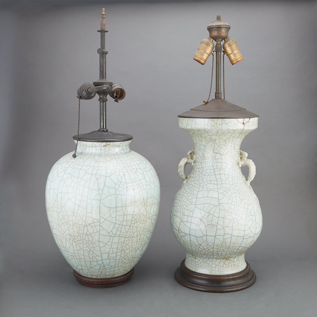 Appraisal: Two Chinese Celadon Glazed Porcelain Vases Each mounted as a