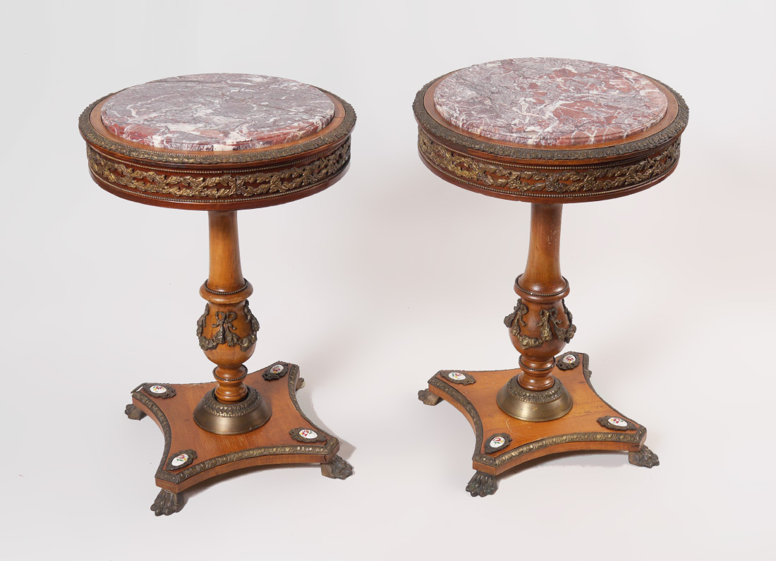 Appraisal: PAIR OF MARBLE TOP FRENCH STYLE SIDE TABLES Circular marble