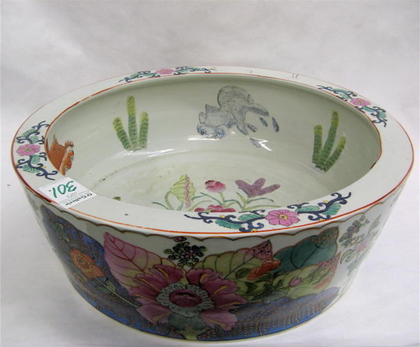 Appraisal: CHINESE HEAVY PORCELAIN FISH BOWL hand painted on exterior with