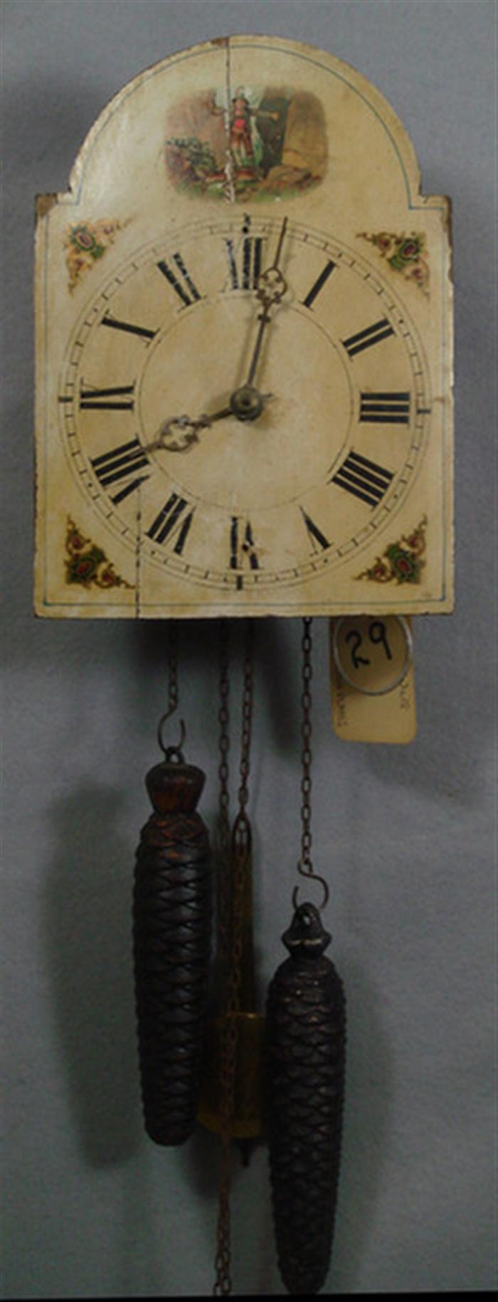 Appraisal: German wag on wall clock painted wood dial weights pendulum