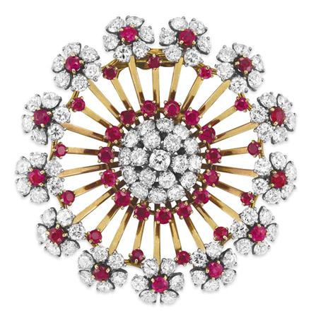 Appraisal: Gold Platinum Diamond and Ruby Clip-Brooch Van Cleef Arpels Estimate