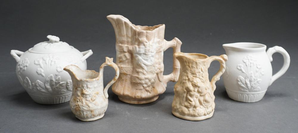 Appraisal: THREE GRADUATED ENGLISH WHITE GLAZED CERAMIC PITCHERS AND SALT-GLAZED STONEWARE