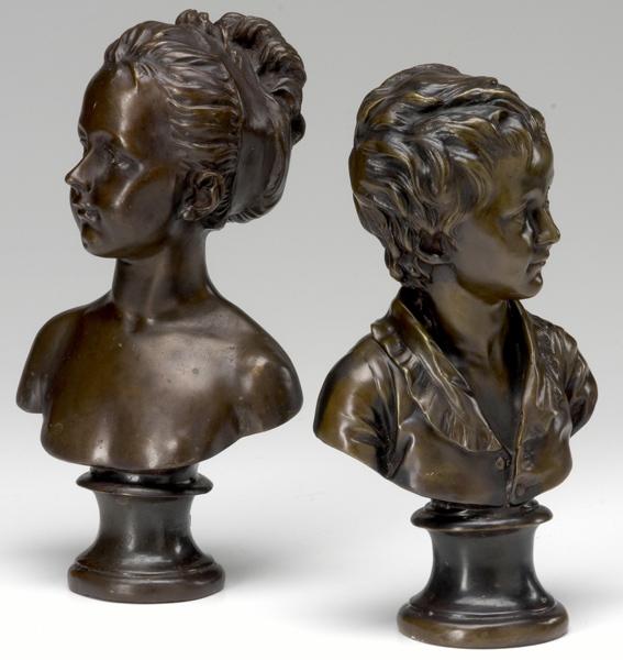 Appraisal: AFTER JEAN-ANTOINE HOUDON Two bronze busts one of a young