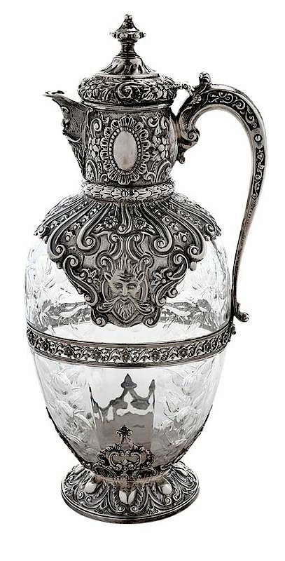 Appraisal: English Silver and Intaglio Cut Glass Ewer London intaglio engraved