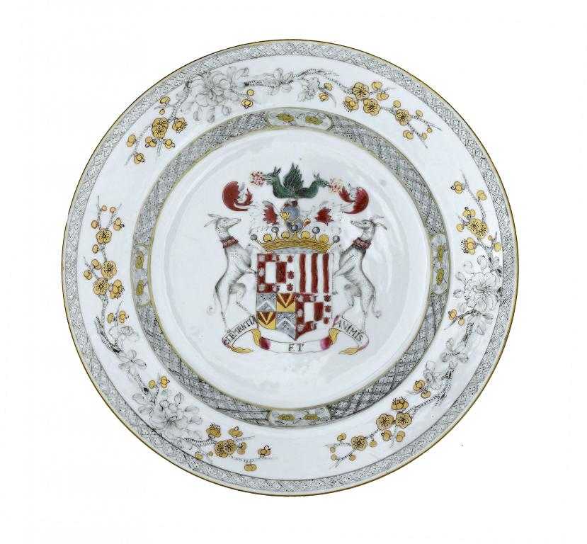 Appraisal: A CHINESE ARMORIAL PLATE enamelled to the centre with the