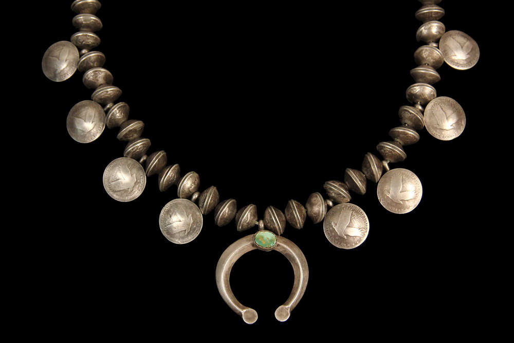 Appraisal: GENT'S NECKLACE - Rare Navajo Silver Quarter Necklace made with