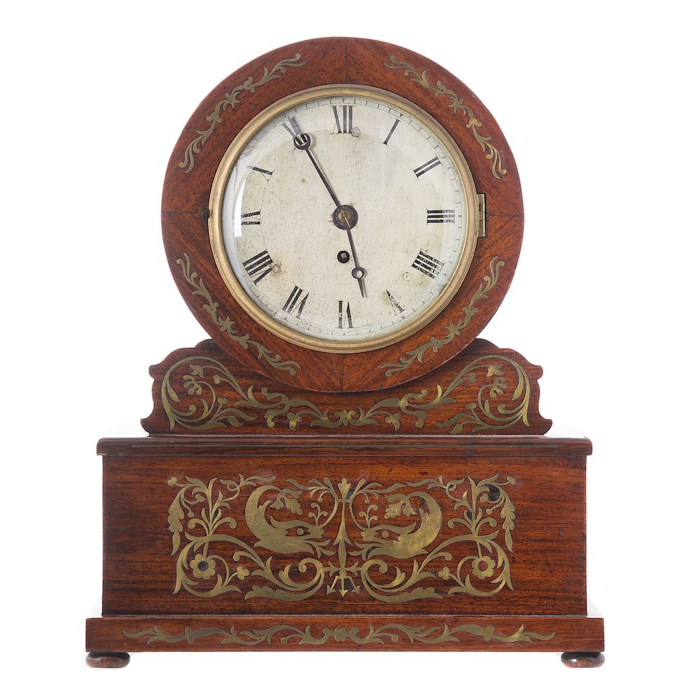 Appraisal: George IV brass inlaid rosewood mantel clock circa works housed