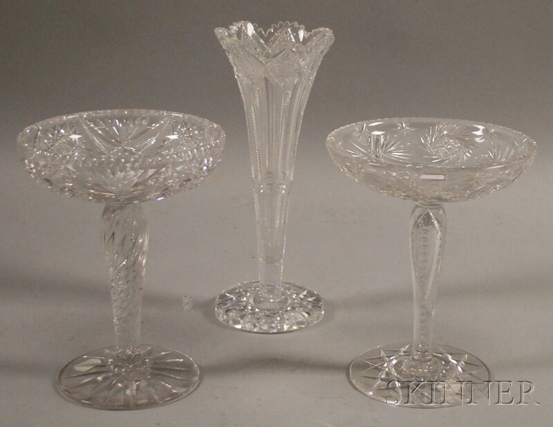 Appraisal: Hawkes Colorless Cut Glass Trumpet Vase and Two Cut Glass