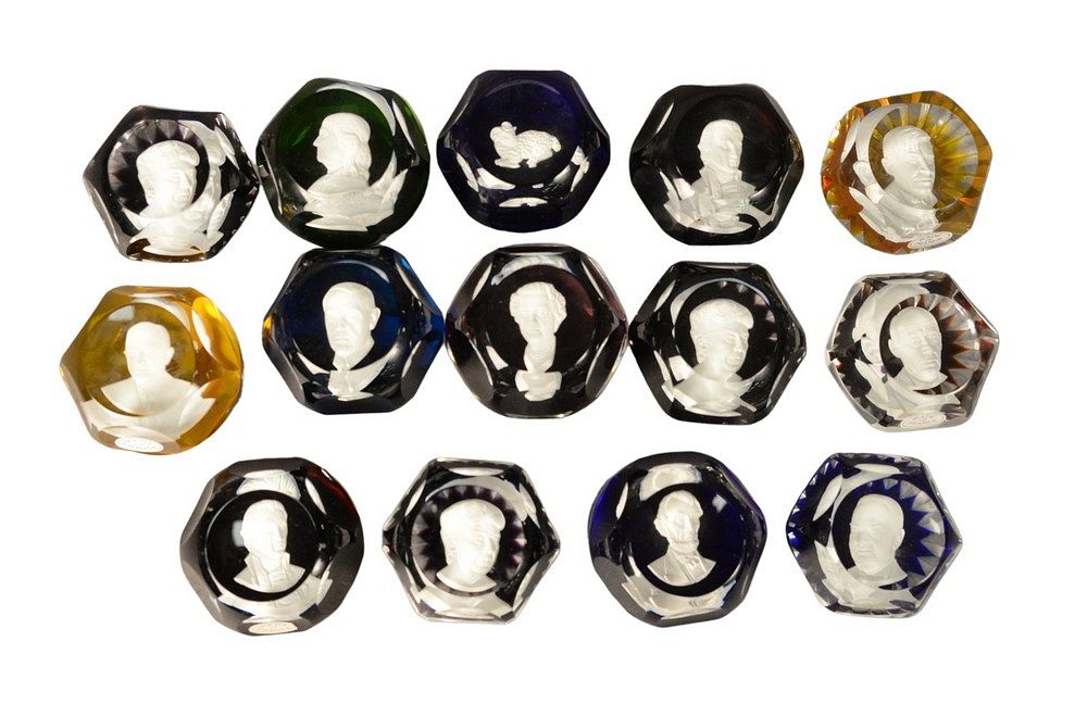 Appraisal: Fourteen Baccarat Glass Paperweights having sulfide portrait bust interior eight