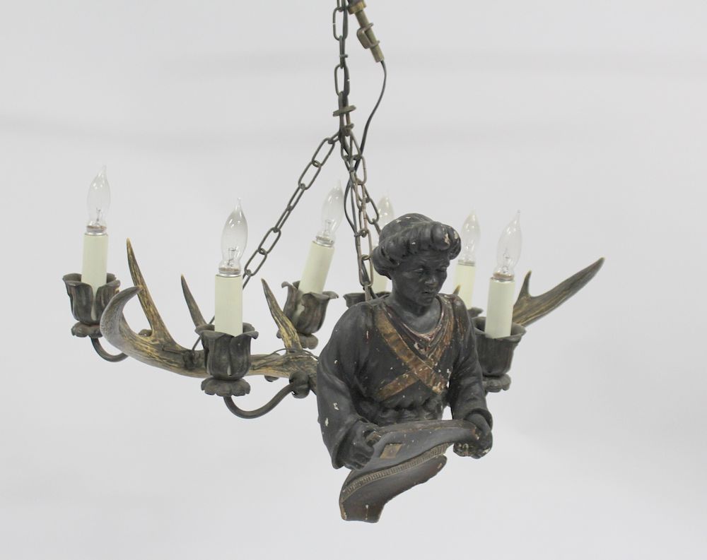 Appraisal: Antique Continental Polychrome Figural Antler Chandelier From a Hawthorne NY