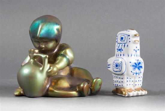 Appraisal: Zsolnay green lustre glazed ceramic figure and a Zsolnay porcelain