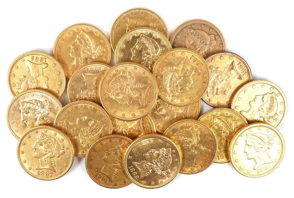 Appraisal: twenty United States gold half eagles dated - PLEASE NOTE