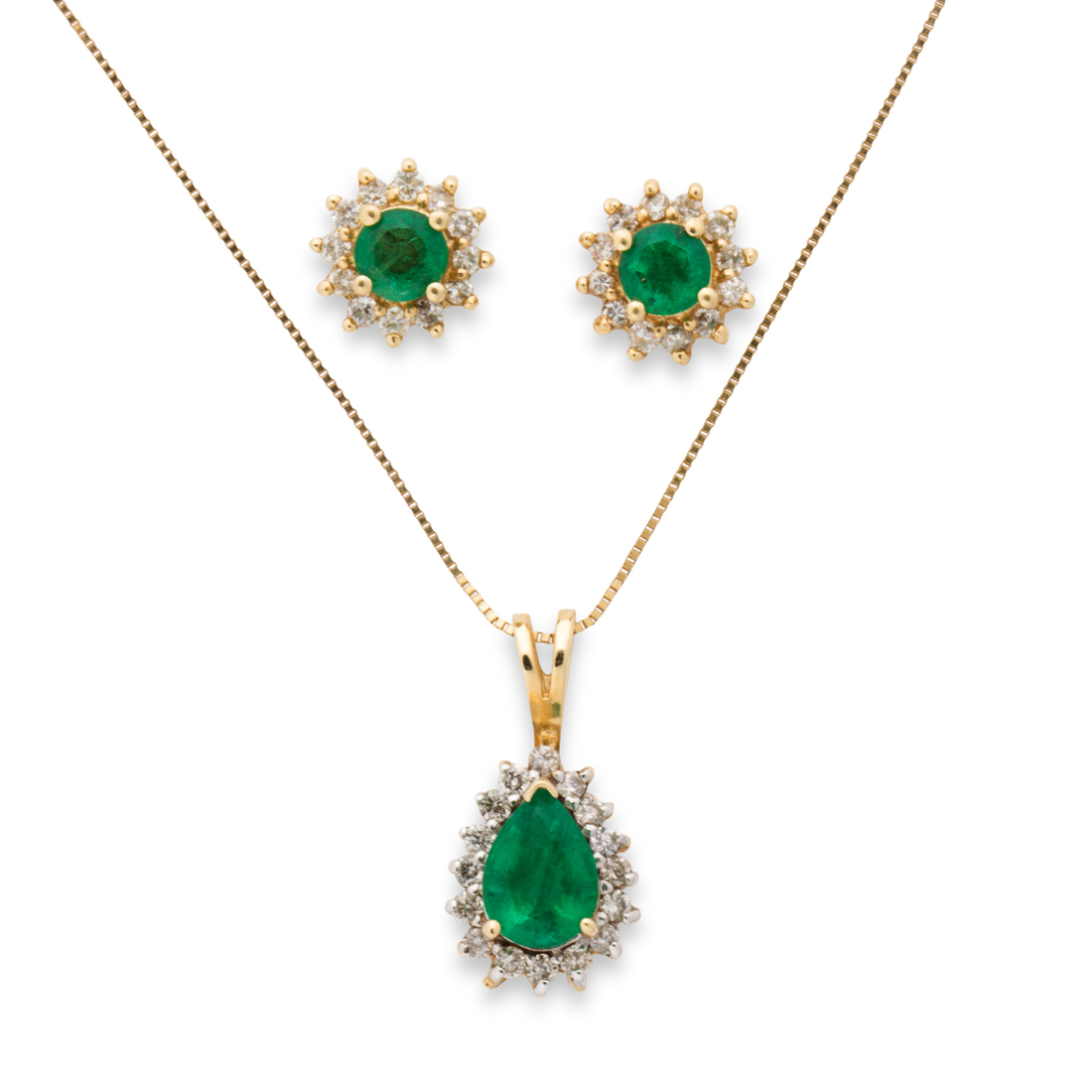 Appraisal: AN EMERALD DIAMOND AND FOURTEEN KARAT GOLD PENDANT AND EARRINGS