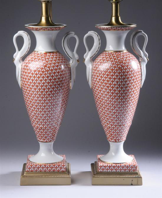 Appraisal: PAIR HEREND-STYLE PORCELAIN TABLE LAMPS Urn-form decorated in orange fish-scale