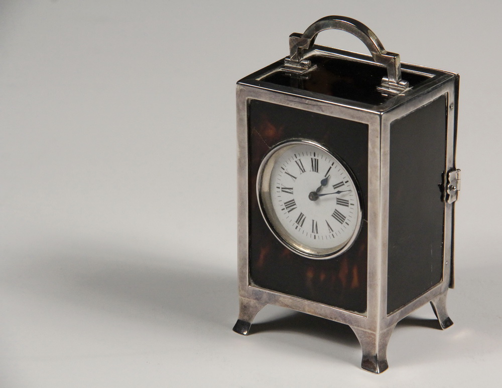 Appraisal: CARRIAGE CLOCK - English Edwardian Period Sterling Silver and Tortoiseshell