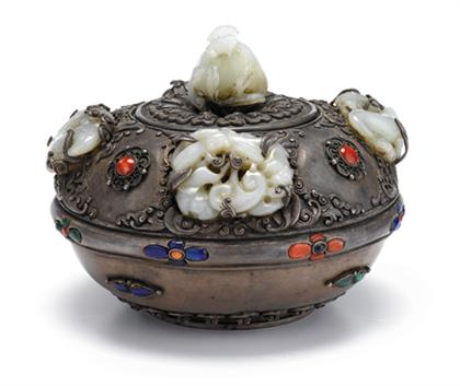 Appraisal: Fine Sino-Tibetan silver stone and white jade mounted covered box