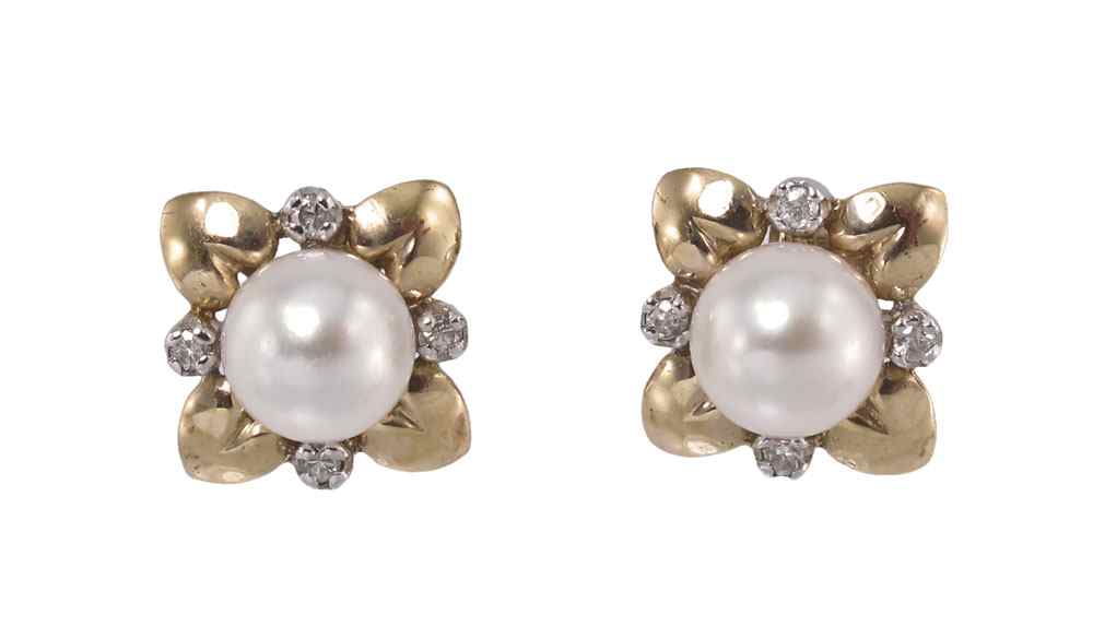 Appraisal: PEARL AND DIAMOND EARRINGS K yellow gold earrings contains two