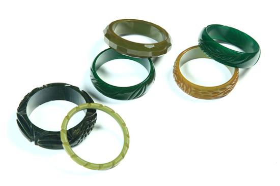 Appraisal: SIX GREEN EARLY PLASTIC BANGLE BRACELETS American Ca - Most